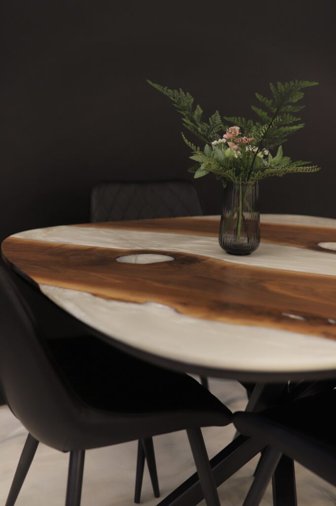 Kitchen Table Oval - Walnut & White Metallic Epoxy - right at home