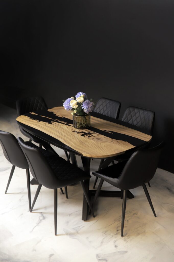 Oval Dining Table Wood - Catalpa & Black Epoxy - far view