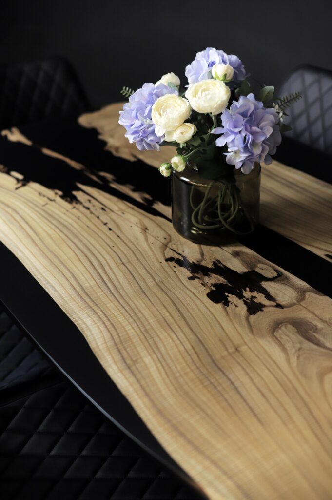 Oval Dining Table Wood - Catalpa & Black Epoxy - center view
