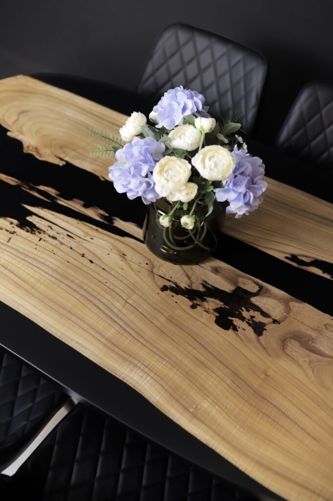 Oval Dining Table Wood - Catalpa & Black Epoxy - above view wood details