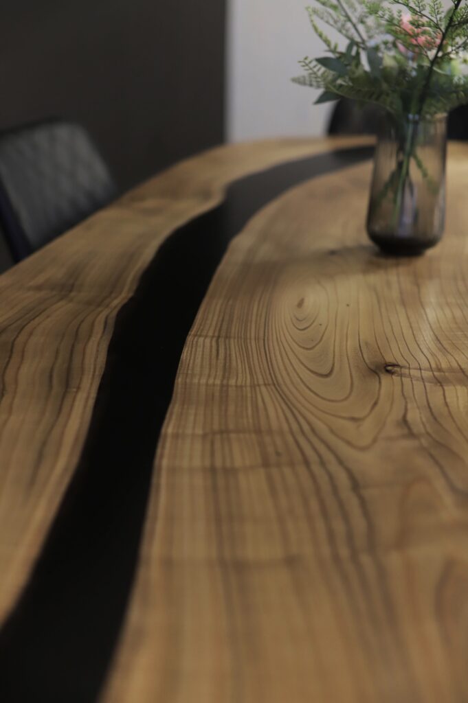 Oval Dining Table - Catalpa & Black Epoxy - Length view