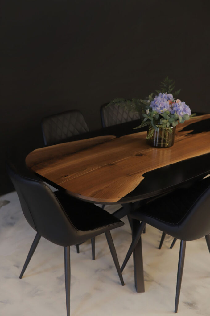 Oval Table Dining Room - Walnut & Black Epoxy - wood side