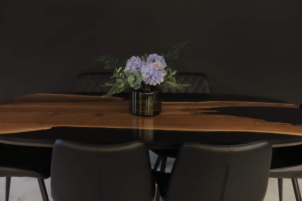 Oval Table Dining Room - Walnut & Black Epoxy - shiny and classy