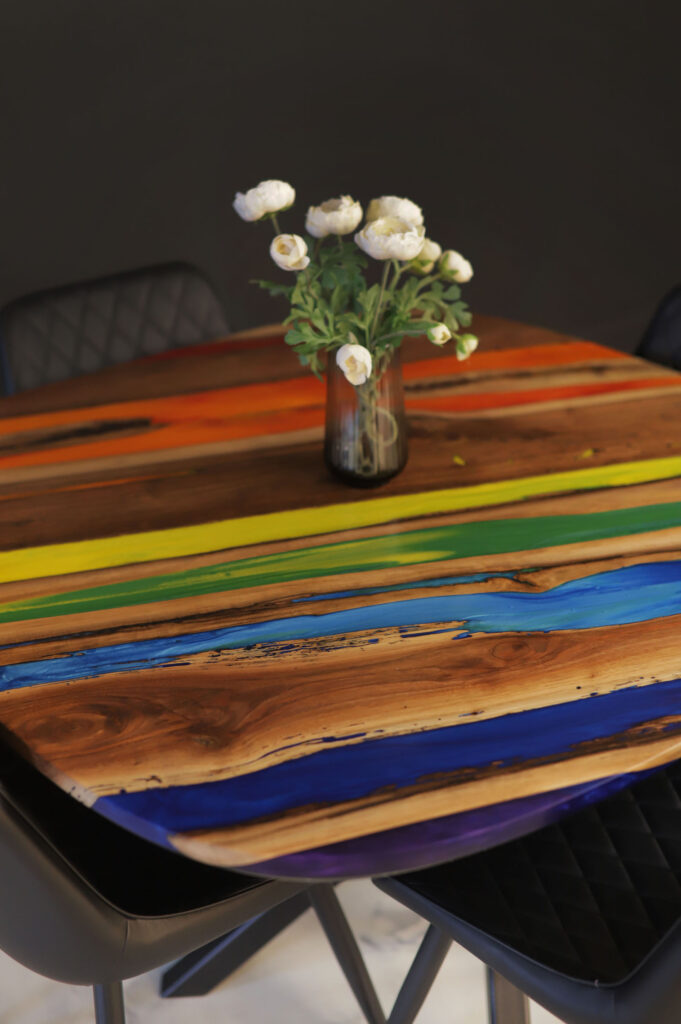 Kitchen Oval Table - Walnut & Multicolor Epoxy - rainbow colors
