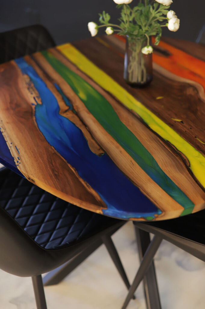 Kitchen Oval Table - Walnut & Multicolor Epoxy - from blue to yellow