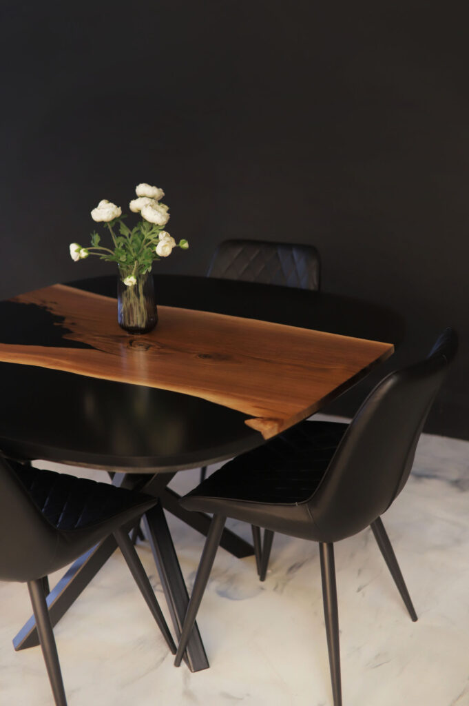 Kitchen Table Toronto - Walnut & Black Epoxy - matching chairs