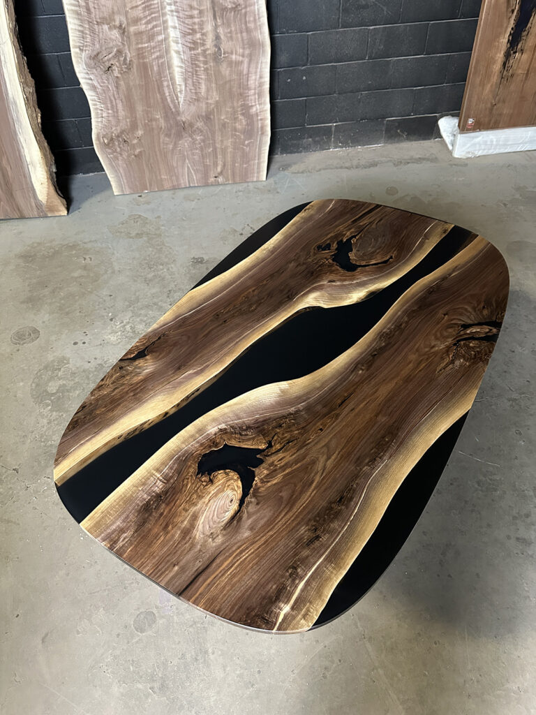 Oval Walnut Dining Table - Black Epoxy Above View
