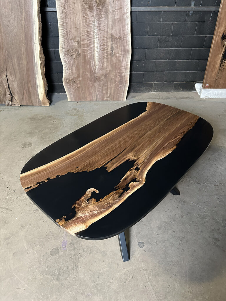 Black Epoxy Oval Walnut Dining Table Overview
