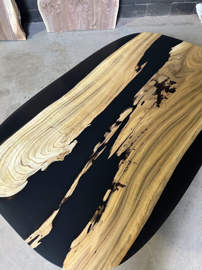 Oval Catalpa Dining Table - Black Epoxy Details