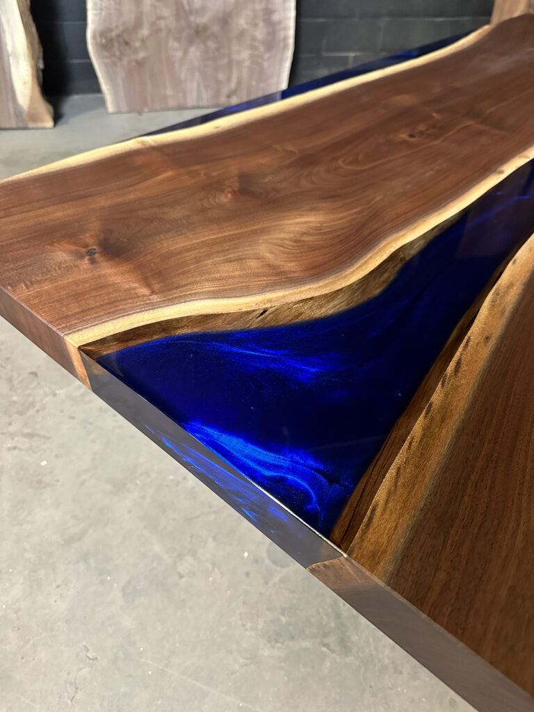 Coffee Table Toronto- Twin Walnut Slabs - Deep Blue Epoxy - rich and deep epoxy
