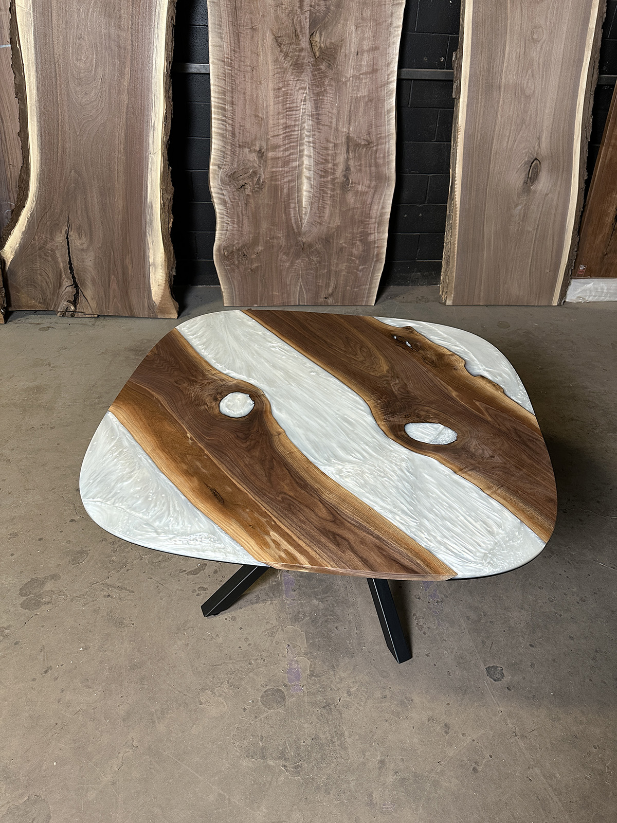 Oval Walnut Dining Table - White Metallic Epoxy