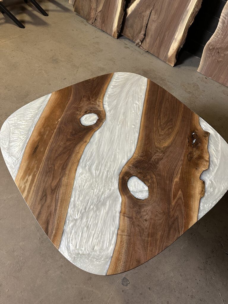 Oval Walnut Dining Table - White Metallic Epoxy Above