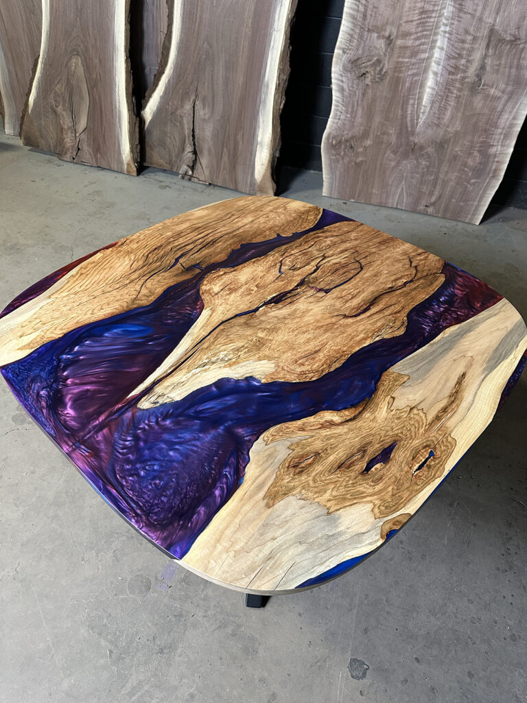 Oval Maple Dining Table - Purple & Blue Metallic Epoxy Above