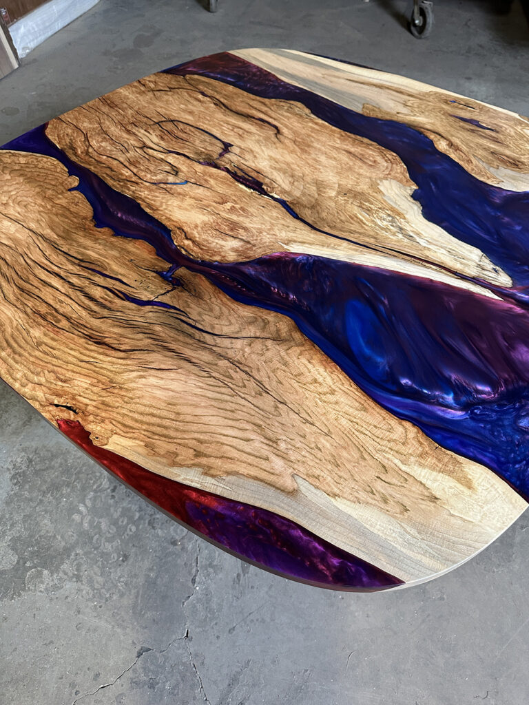 Oval Maple Dining Table - Purple & Blue Metallic Epoxy Wood Details