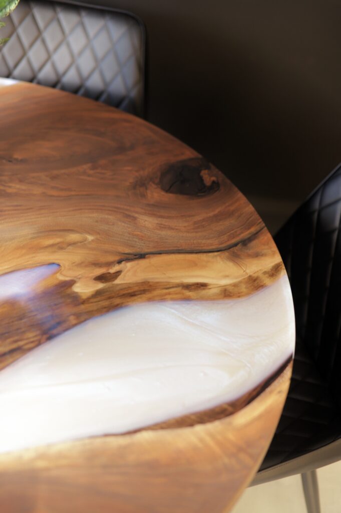 Pearl Round Kitchen Table - Walnut Rubio Finish - beautiful mix of epoxy and wood