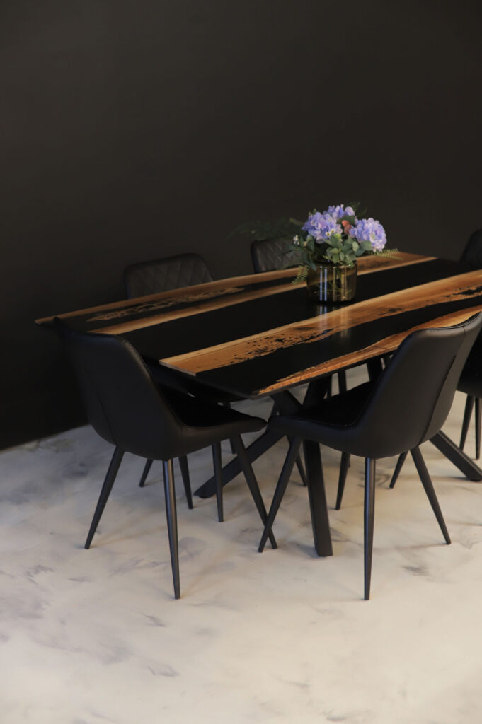 Dining Table Rustic Style - Walnut & Black Epoxy - 3/4 view