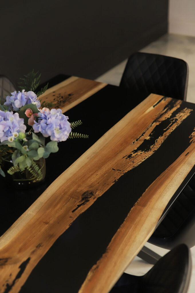 Dining Table Rustic Style - Walnut & Black Epoxy - beautiful wood and epoxy