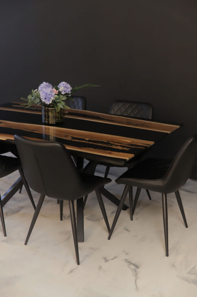 Dining Table Rustic Style - Walnut & Black Epoxy - slim and stylish