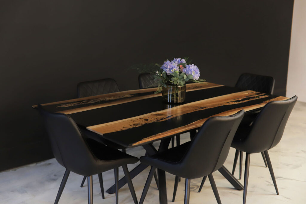 Dining Table Rustic Style - Walnut & Black Epoxy - far view