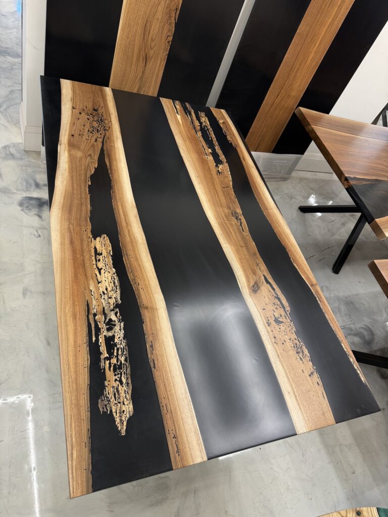 Rustic Walnut Dining Table - Black Epoxy - Above view