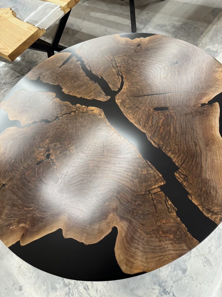 Round Walnut Dining Table with Black Epoxy - Black Epoxy