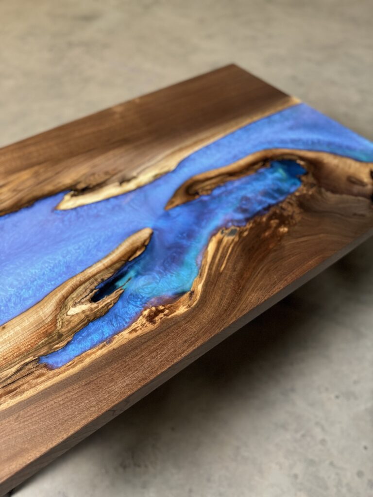 Live Edge Coffee Table Canada | Walnut, Blue & Clear Epoxy - Anglewood - Wood Details