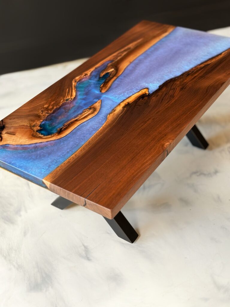 Live Edge Coffee Table Canada – Walnut, Blue & Clear Epoxy - above view