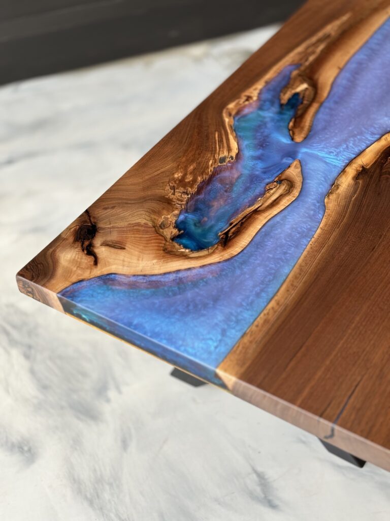 Live Edge Coffee Table Canada – Walnut, Blue & Clear Epoxy - wood and epoxy corner