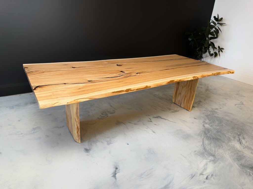 Dining Room Live Edge Table - Hickory All Wood - side view with wood legs