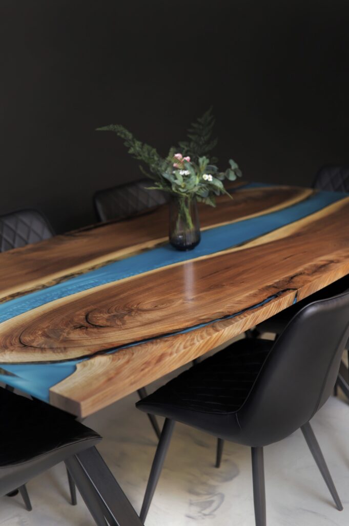 Live Edge Dining Table Canada - Coral Teal Epoxy - corner view