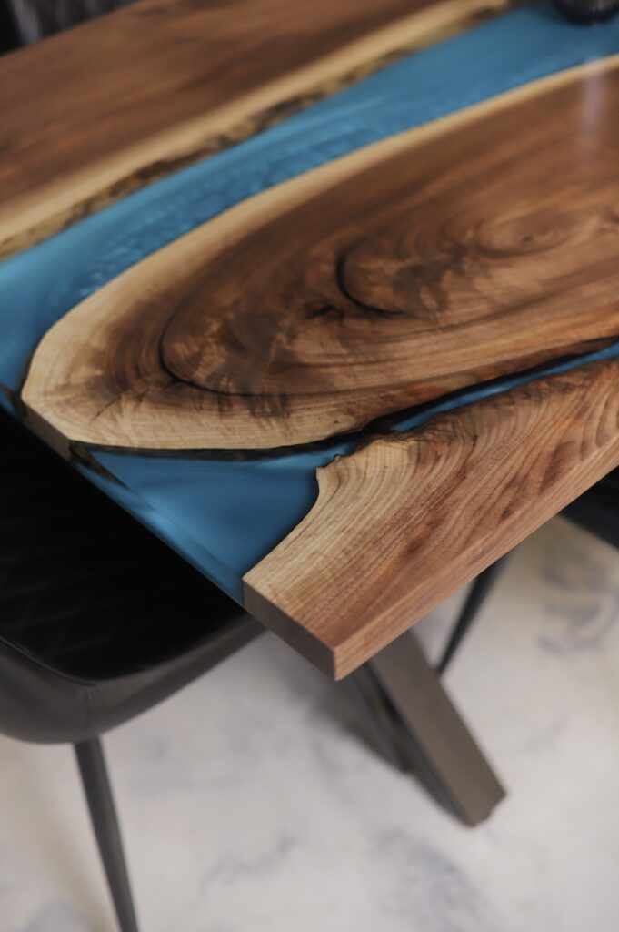 Live Edge Dining Table Canada - Coral Teal Epoxy - side view epoxy and wood