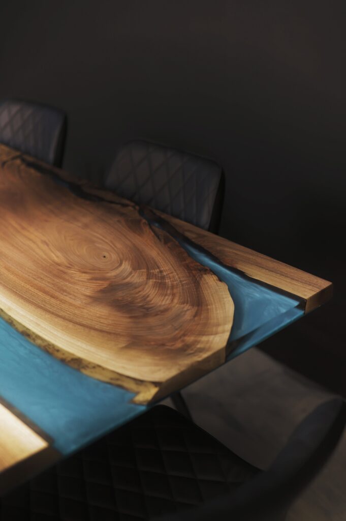 Live Edge Dining Table Canada - Coral Teal Epoxy - beautiful mix of wood rings and epoxy