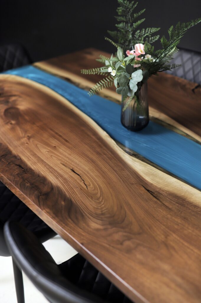 Live Edge Dining Table Canada - Coral Teal Epoxy - over the top view