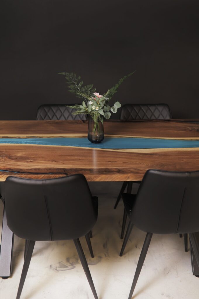Live Edge Dining Table Canada - Coral Teal Epoxy - side view