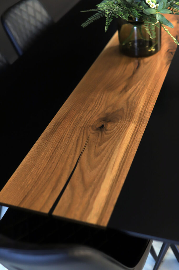 Dining Table Unique - Walnut & Black Epoxy - beautiful wood lines