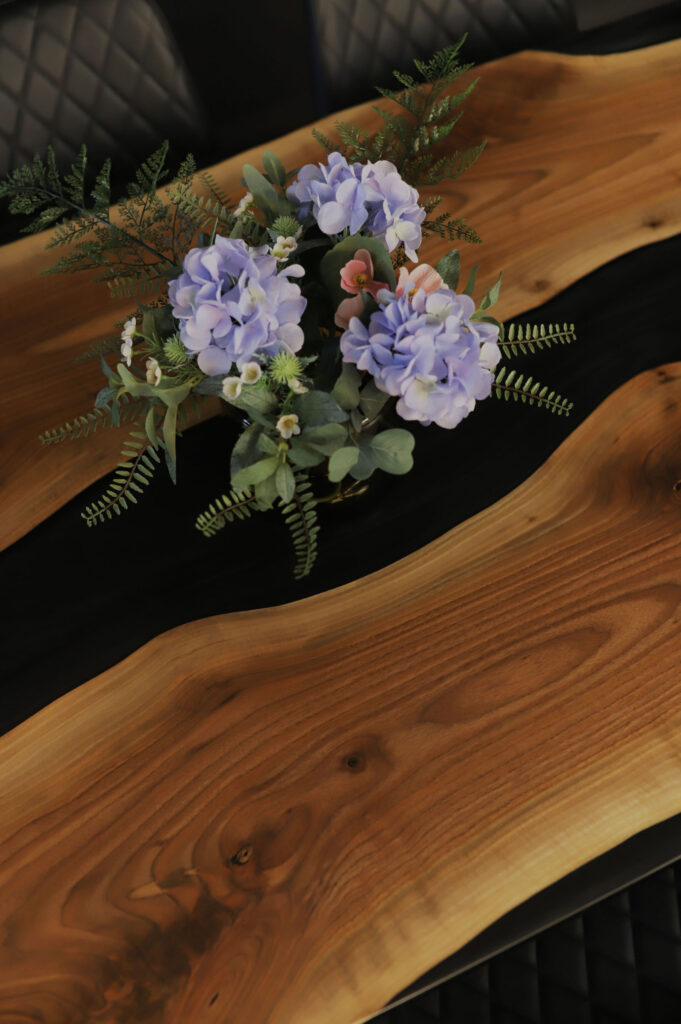 Walnut Table  – Black & Grey Clear Epoxy - above center details