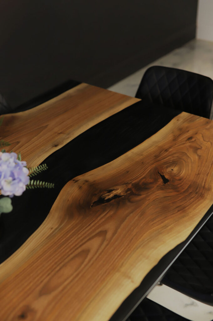 Walnut Table  – Black & Grey Clear Epoxy - beautiful wood knots