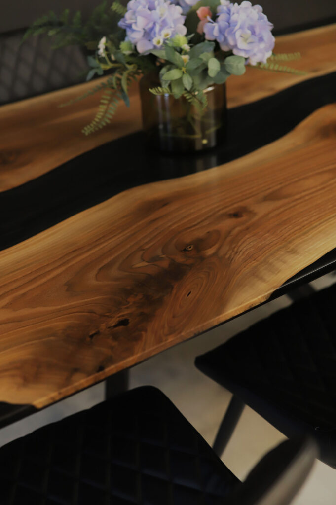 Walnut Table  – Black & Grey Clear Epoxy - wood knots side
