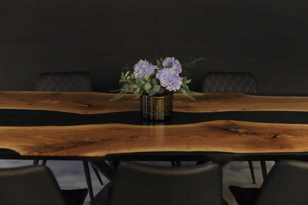 Walnut Table  – Black & Grey Clear Epoxy - beautiful side view