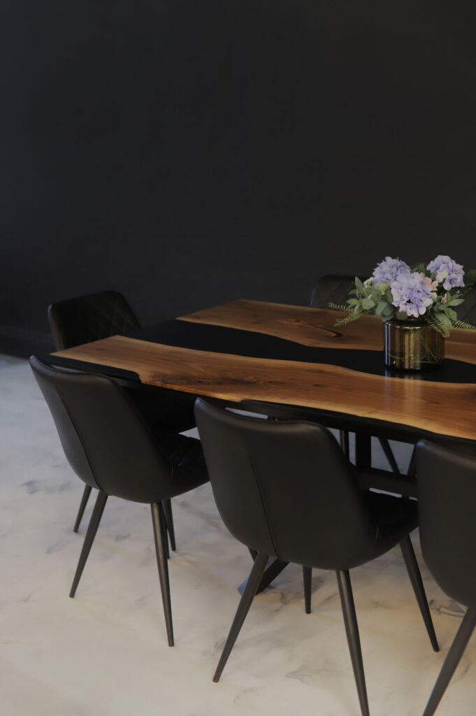 Walnut Table  – Black & Grey Clear Epoxy - 3/4 view