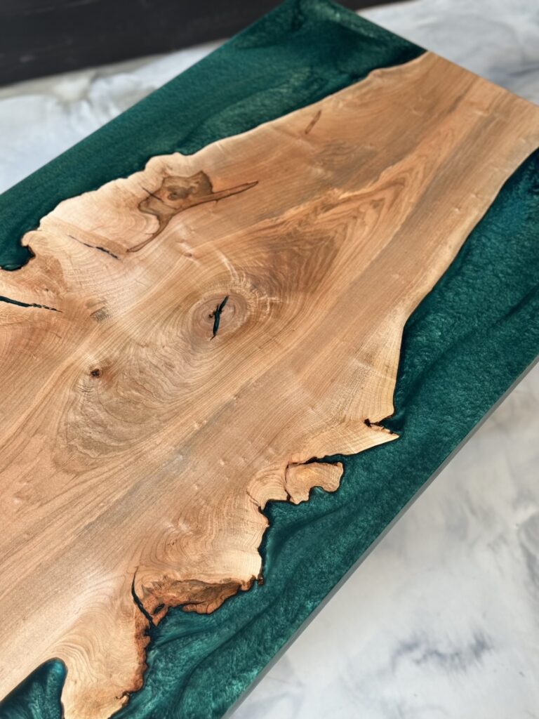 Unique Coffee Table - Maple & Dark Green Epoxy - wood knot