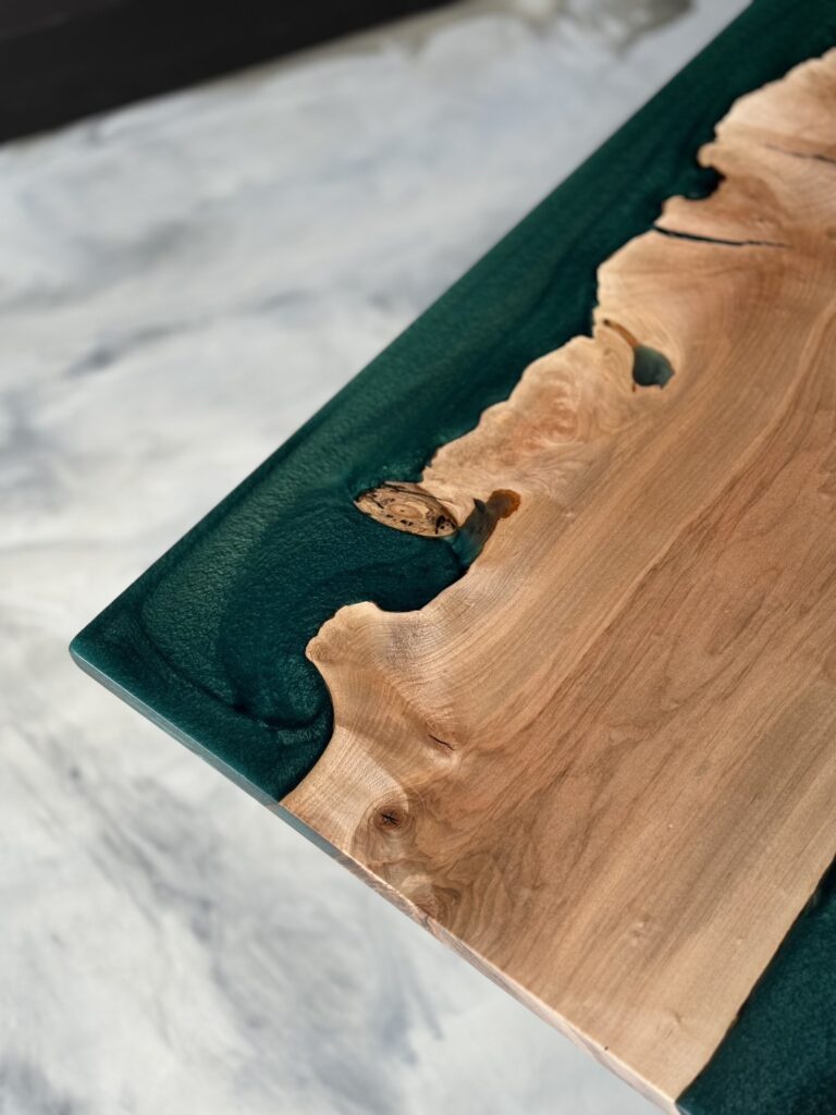 Unique Coffee Table - Maple & Dark Green Epoxy - mix of wood and epoxy corner
