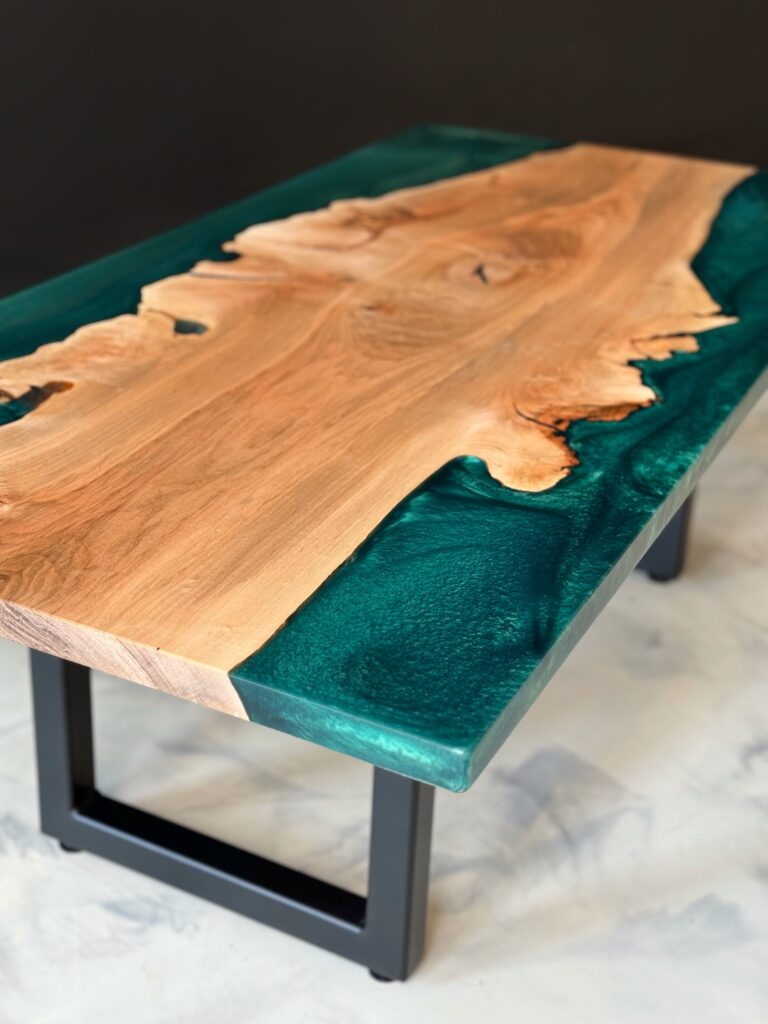 Unique Coffee Table - Maple & Dark Green Epoxy - beautiful live edge