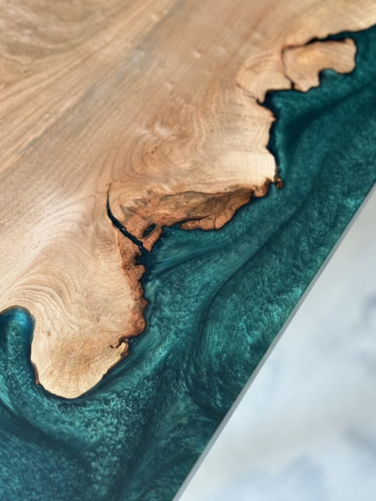 Unique Coffee Table - Maple & Dark Green Epoxy - beautiful epoxy river