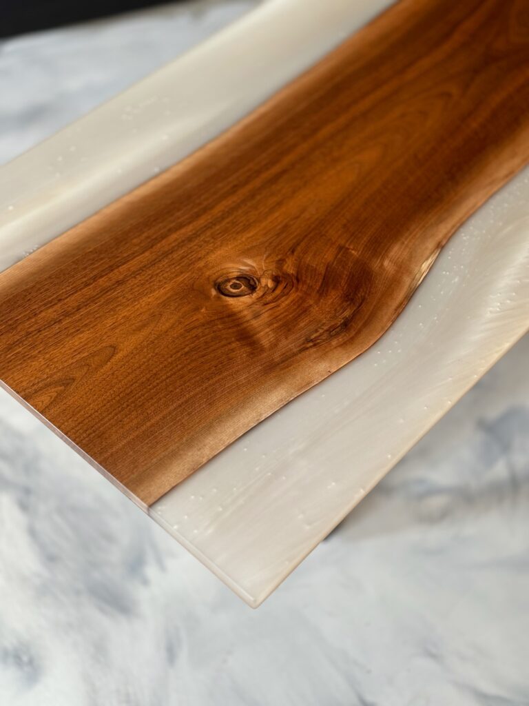 Wood Coffee Table Toronto - White Pearl Epoxy - beautiful wood knot