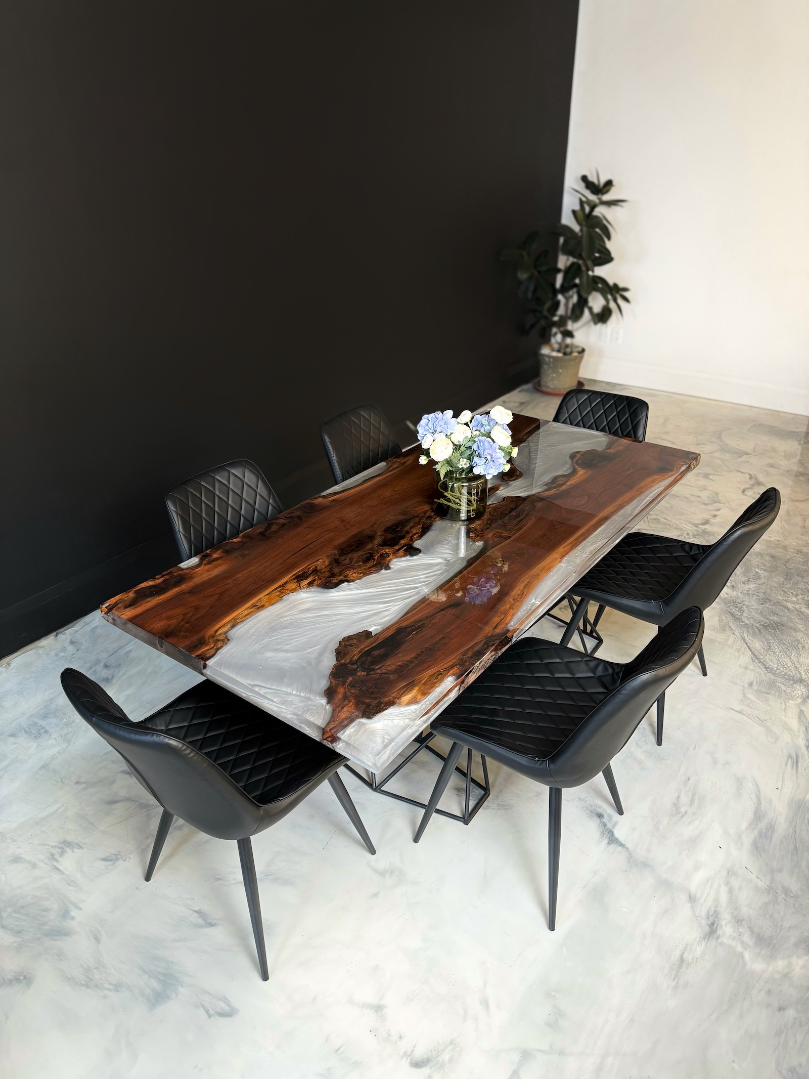 Wood Epoxy Table - Walnut & White Clear Metallic Epoxy