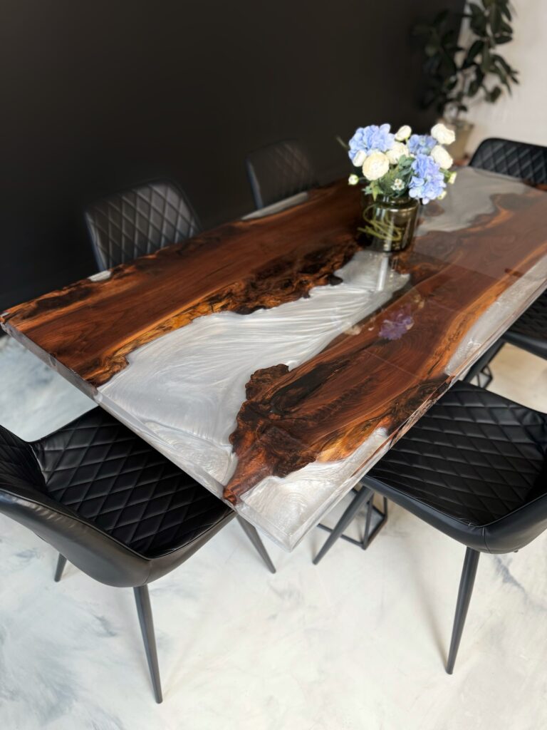 Wood Epoxy Table - Walnut & White Clear Metallic Epoxy - epoxy corner view