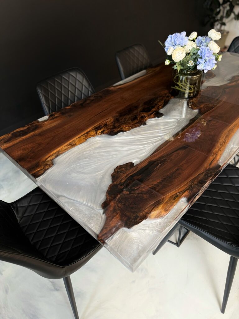 Wood Epoxy Table - Walnut & White Clear Metallic Epoxy - white epoxy flow