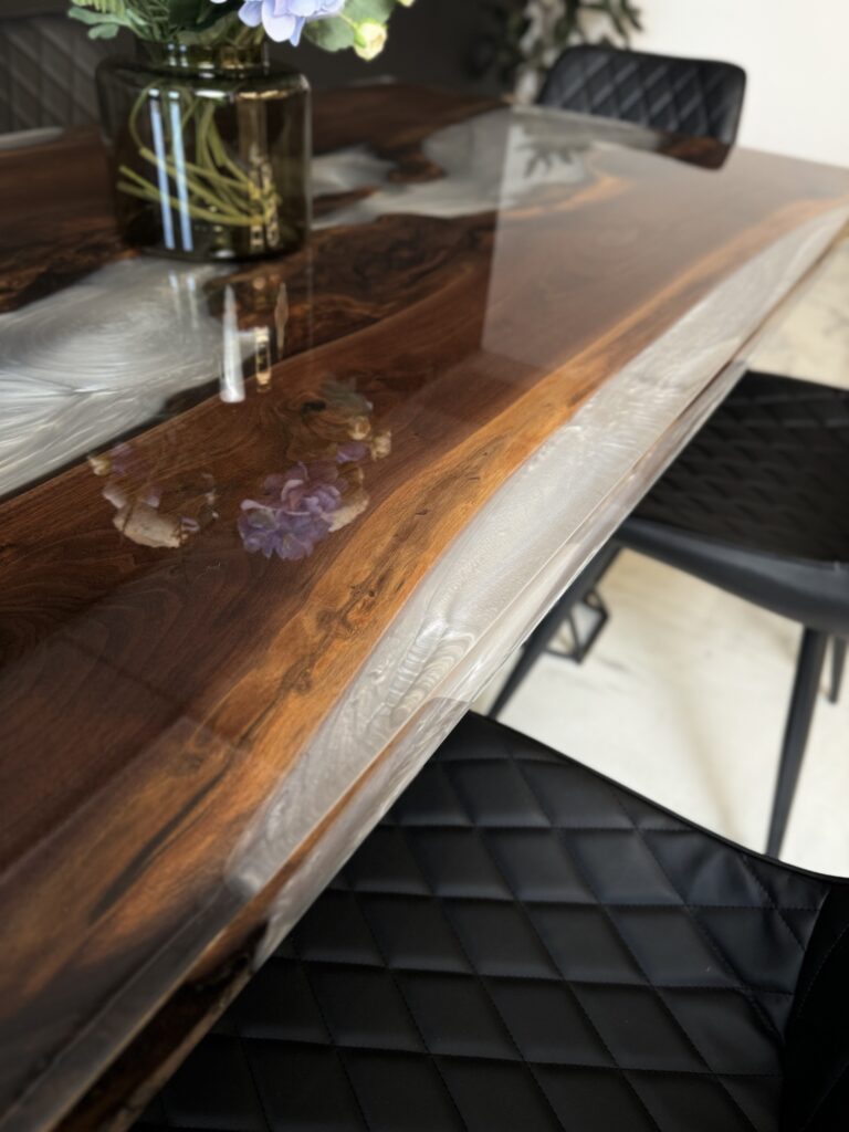 Wood Epoxy Table - Walnut & White Clear Metallic Epoxy - epoxy side view