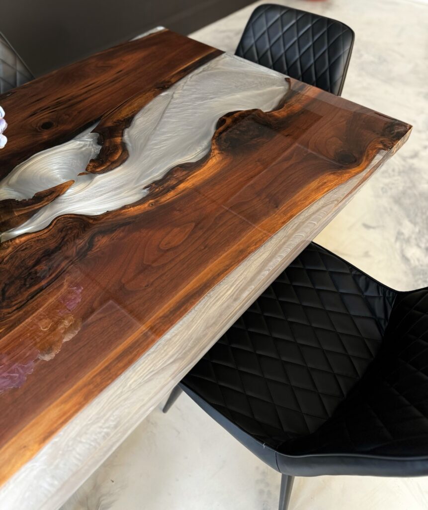 Wood Epoxy Table - Walnut & White Clear Metallic Epoxy - beautiful dining table